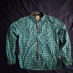 Cactus Teal and Black Plaid Button Down Shirt